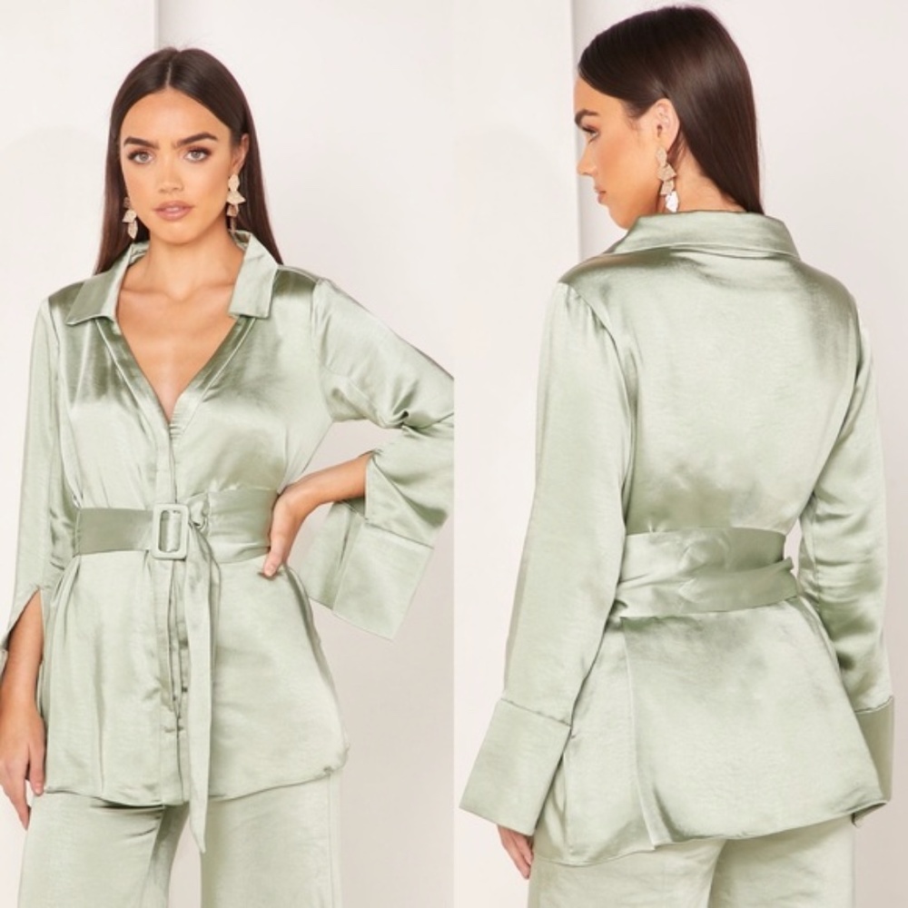 Elliatt Sage Green Satin Wrap Blouse